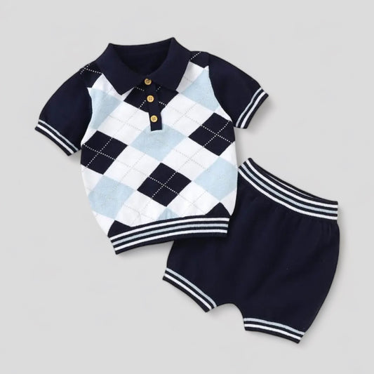 Navy Blue & Grey Argyle Knit Polo Shirt & Shorts