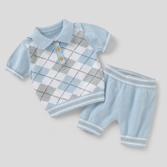 Blue & Grey Argyle Knit Polo Shirt & Shorts